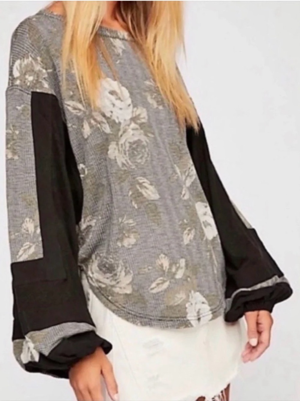 Free People Flower Patch thermal knit floral top with balloon sleeve Size Small